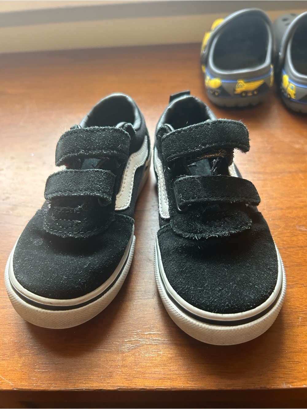 Vans Kids Black Suede Velcro Sneakers with White Stripe